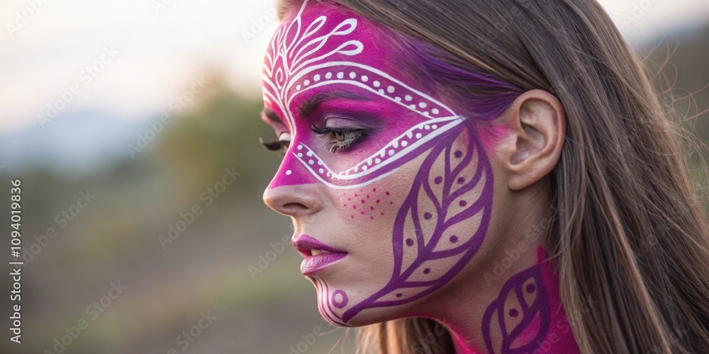 Poster an enchanting portrait showcasing a woman with intricate face paint in vibrant fuchsia and vivid vio