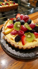 Close-Up of a Delicious Fruit Tart with Fresh Kiwi, Raspberry, and Strawberry