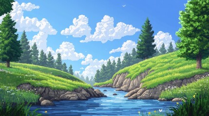 Naklejka premium A beautiful pixel art landscape featuring a tranquil river, pixel trees, and rolling hills under a pixel-perfect sky.