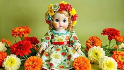 Fototapeta premium Porcelain Doll Adorned with Flowers in a Floral Dress