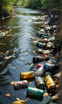 River Pollution From Plastic, Cans And Waste