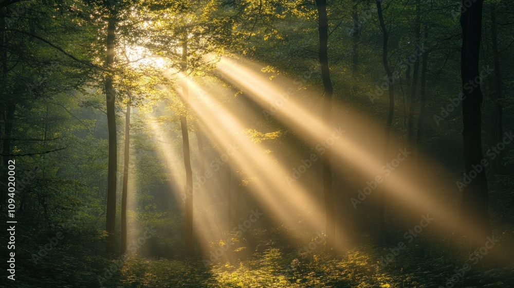 Poster sunlight streams through trees, illuminating a serene forest scene.