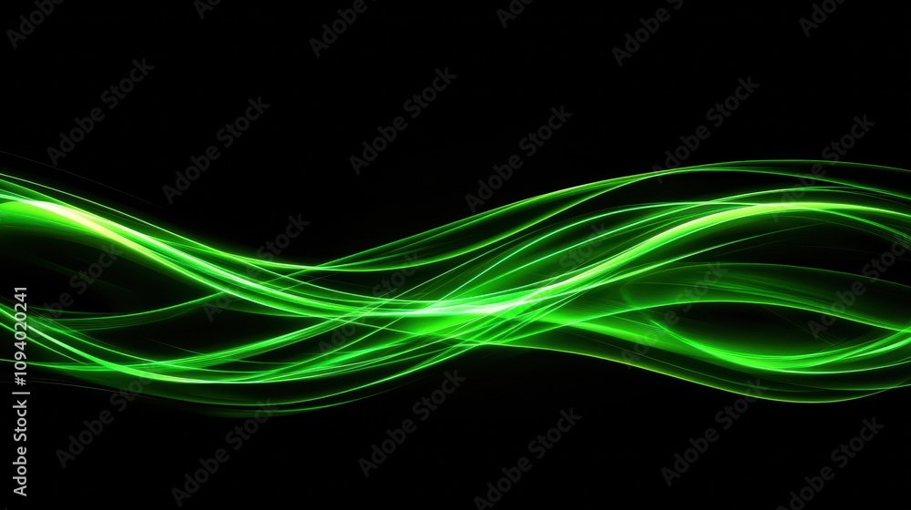 Poster ethereal pulsing waves of electric green light against a dark background creating a mystical and dyn