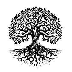 Black and white illustration of a large tree with sprawling roots and branches, symbolizing growth, strength, and nature.