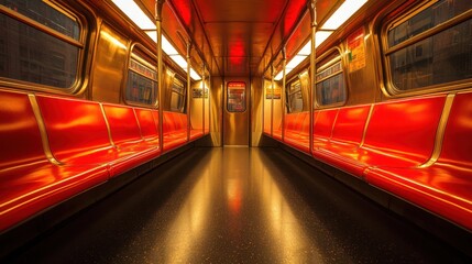A deserted subway train interior with vibrant red seats and warm lighting.