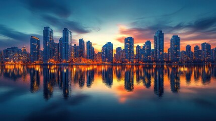 Fototapeta premium A vibrant city skyline reflected in water at sunset, showcasing urban architecture and colors.