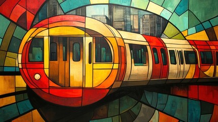 Fototapeta premium A colorful abstract depiction of a subway train, showcasing urban transport through vibrant art.