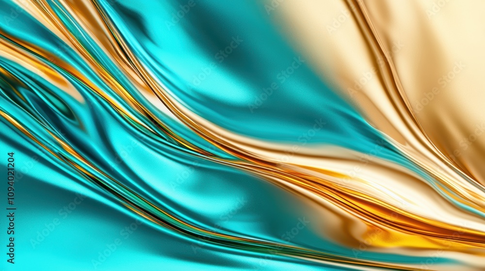 Aufkleber Abstract Metallic Texture with Wavy Patterns Infused with Glowing Yellow and Blue Hues in a Vivid and Dynamic Composition