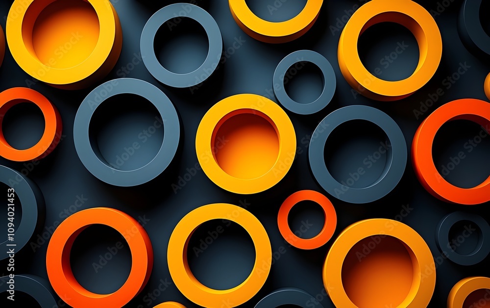 Poster a vibrant abstract composition featuring concentric circles in shades of orange and gray, creating a