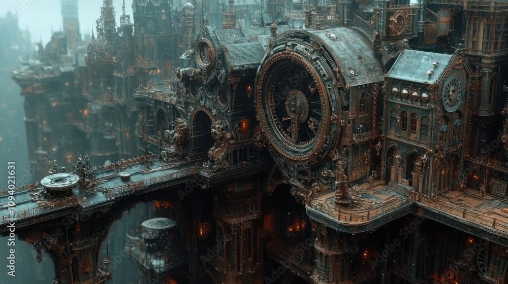 Poster intricate steampunk cityscape with elaborate structures and gears.