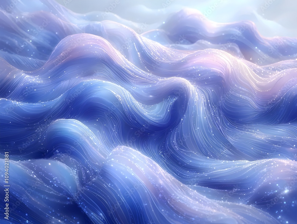 Poster a mesmerizing abstract representation of ocean waves, featuring flowing gradients of blue and soft p