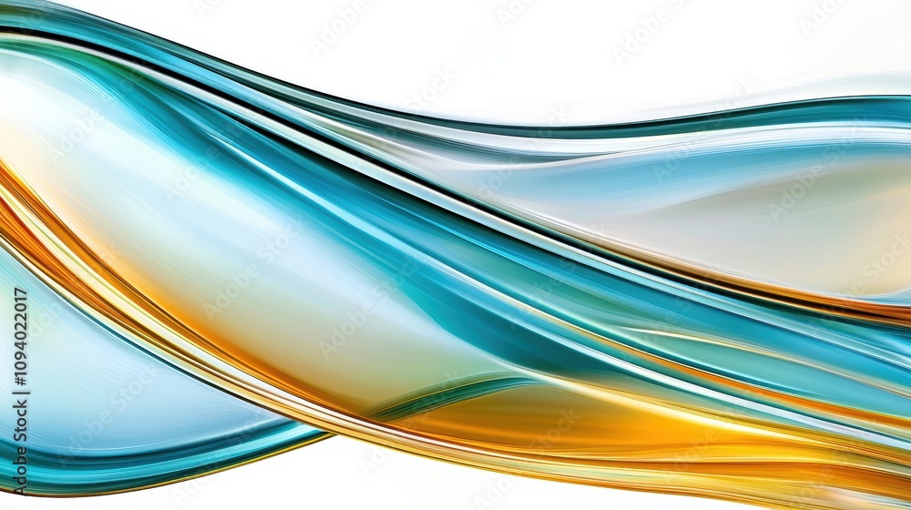 Poster abstract fluid design with illuminated teal and gold waves creating a dynamic and modern digital loo