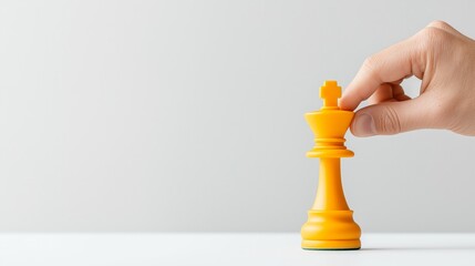 achieve success concept. Hand placing a yellow chess king piece on a white surface, minimalistic background.