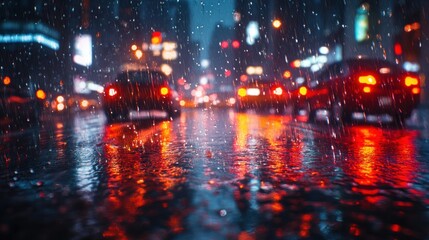 Obraz premium A rainy city scene with reflections and illuminated traffic at night.