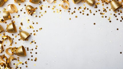 Obraz premium Happy new year mockup product, New year mockup product concept, A festive arrangement of golden confetti, ribbons, and bells on a white background, perfect for celebrating special occasions.