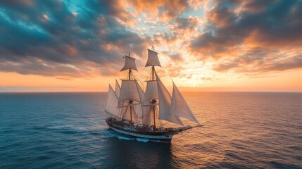 A majestic sailing ship gliding through the ocean at sunset.