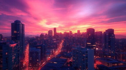 Obraz premium A vibrant city skyline at sunset, showcasing colorful clouds and illuminated buildings.