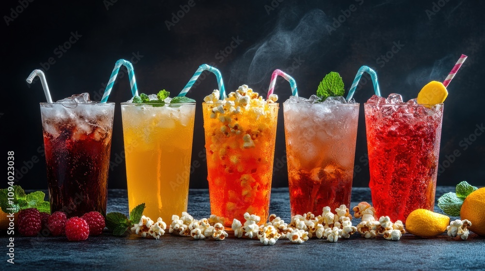 Poster a colorful array of refreshing drinks with popcorn, perfect for a fun gathering.