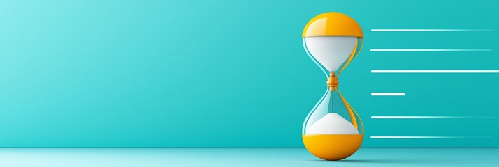 achieve success concept. Yellow hourglass on turquoise background representing time management concept.
