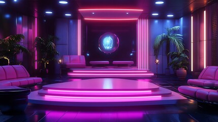 Futuristic neon-lit lounge with a stage and pink sofas.