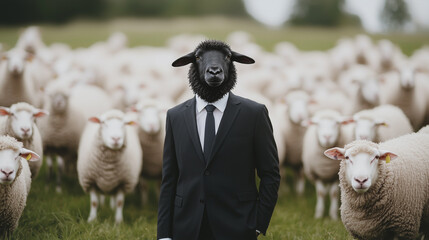 The Black Sheep in Business: A surreal image of a man in a suit with a black sheep's head standing confidently amongst a flock of white sheep.  This striking image evokes themes of individuality.