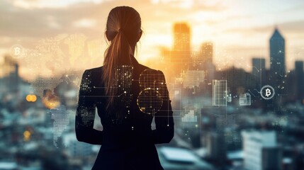 Business Woman Overlooking Urban Skyline at Sunset with Digital Cryptocurrency Graphics and World Map for Financial Concept and Future Technology Exploration