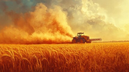 Naklejka premium A tractor sprays crops in a golden wheat field under a dramatic sky.