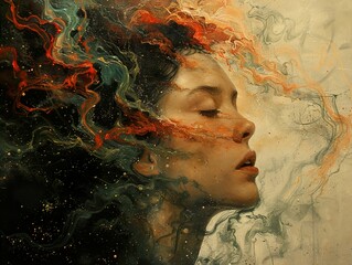 Surreal Portrait: A Woman Immersed in Cosmic Swirls