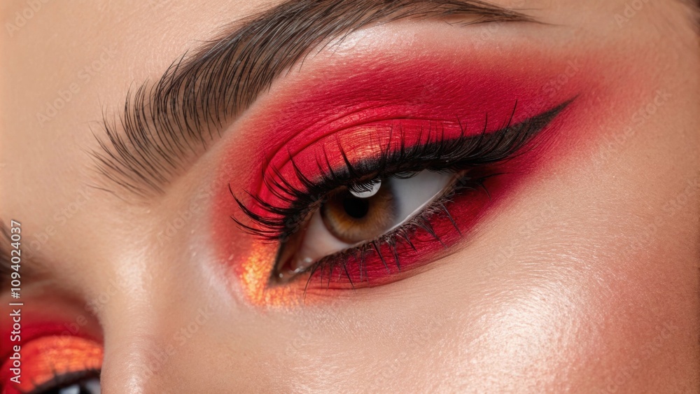 Poster an intimate view of an eye decorated with neon red eyeshadow. the bold color creates a fierce look w