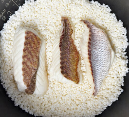 焼いた鯛の切身を白米にのせて炊飯器で作る鯛めし