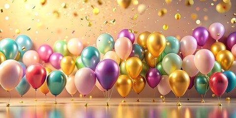 A festive collection of pastel and gold balloons, adorned with confetti, creates a celebratory atmosphere.