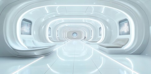 Obraz premium Futuristic white corridor with glowing lights and curved walls, leading to an unknown destination.