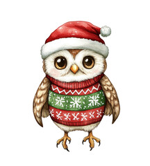 Cute Christmas Owl in Sweater with Santa Hat