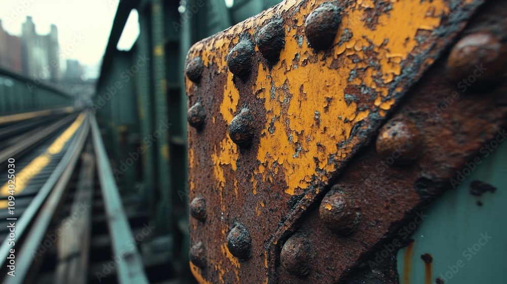 Poster close-up of a weathered metal structure with rust and rivets, part of a railway bridge.