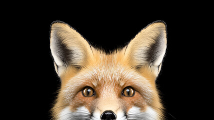 Fototapeta premium Fox Peeking: A curious red fox with piercing eyes peeks out from behind a black backdrop, creating a captivating and enigmatic portrait. 