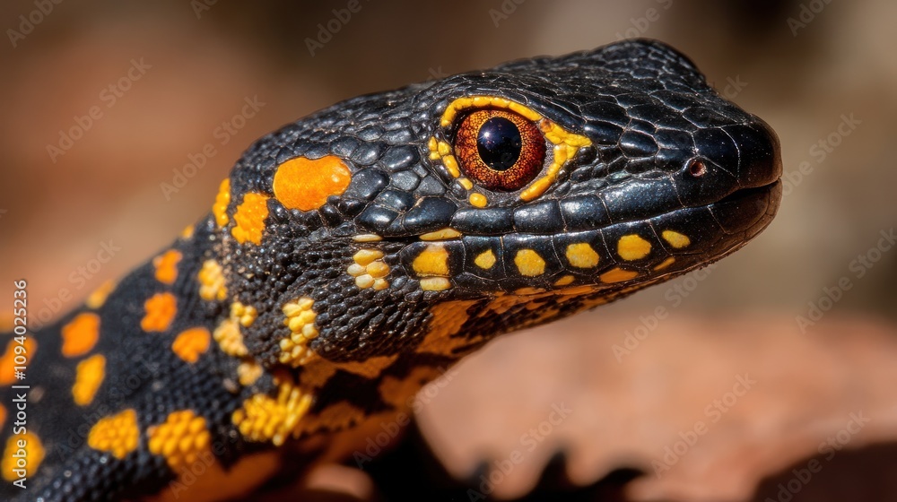Poster close-up of a vibrant, patterned lizard showcasing its distinctive colors and features.