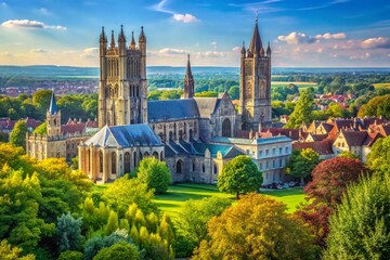 Naklejka premium Stunning Landscape of Canterbury Cathedral in England Surrounded by Lush Greenery and Blue Skies, Capturing the Architectural Beauty and Serenity of This Historic Site