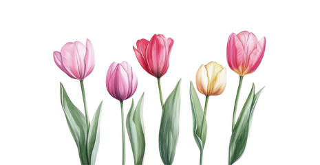 Obraz premium Colorful Tulips with Green Leaves on transparent background