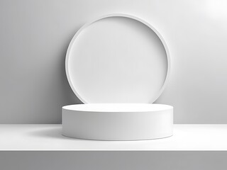 Abstract white 3D room with realistic white cylinder pedestal podium set and palm leaf shadow