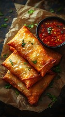 Delicious indian samosas served hot with fresh herbs and spicy chutney picture