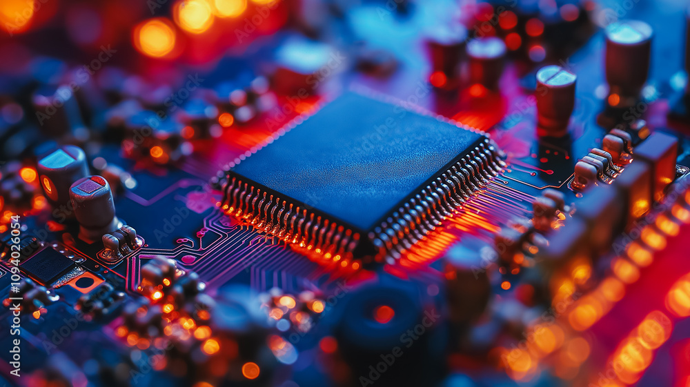 Poster a close up of a computer chip with a red glow. the chip is surrounded by other electronic components