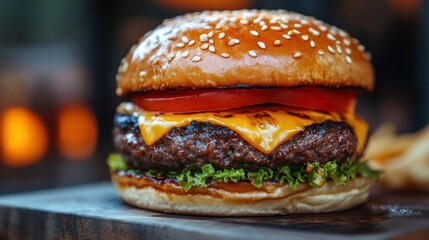 A delicious cheeseburger with lettuce, tomato, and fries on a wooden surface.