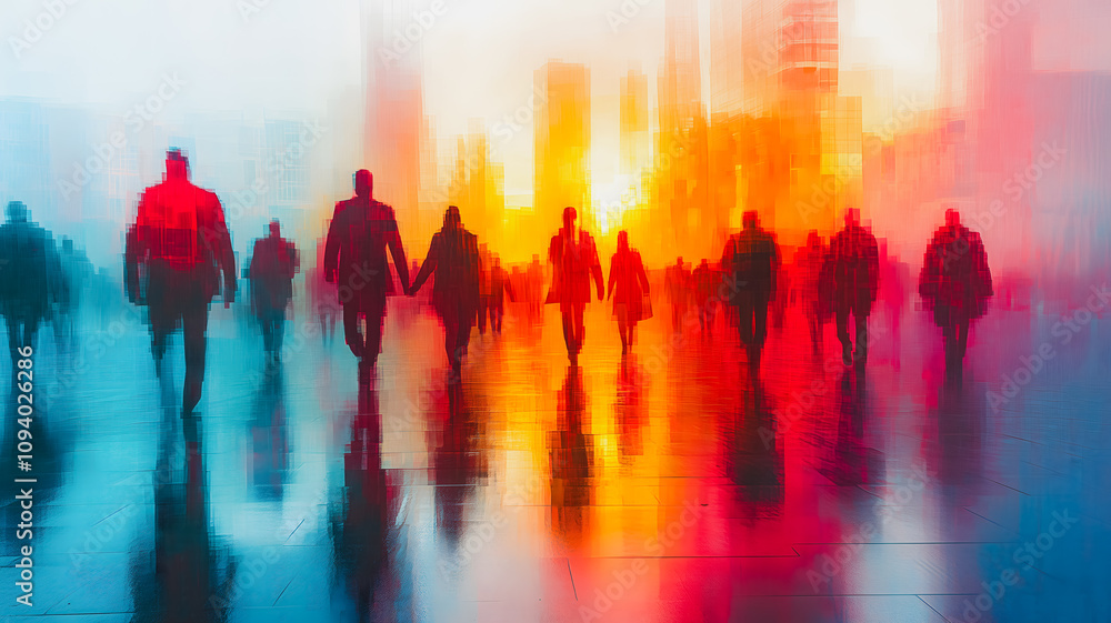 Poster a group of people walking down a street with a sunset in the background. the people are walking in a