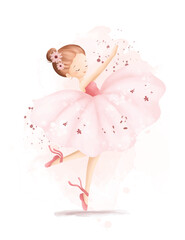 Watercolor Illustrastion Beautiful Ballerina Wears Pink Dress © Stella
