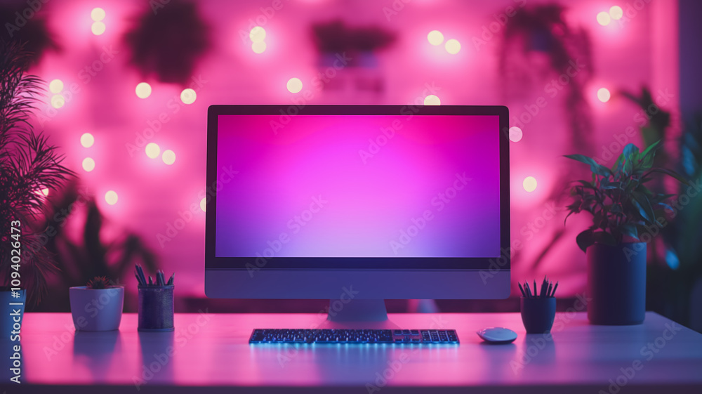 Aufkleber a computer monitor sits on a desk with a purple background. the monitor is turned off and the screen