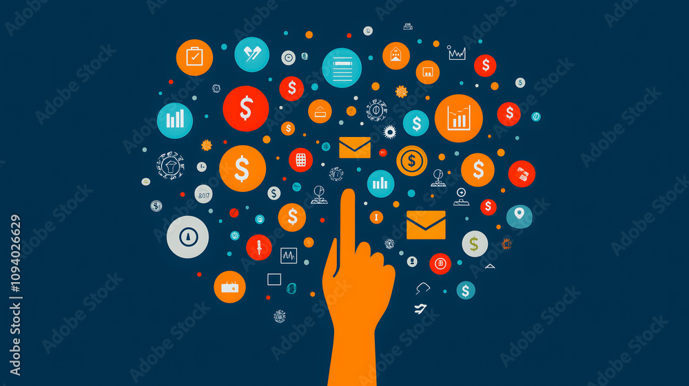 Poster a hand pointing at a colorful image of various symbols and numbers
