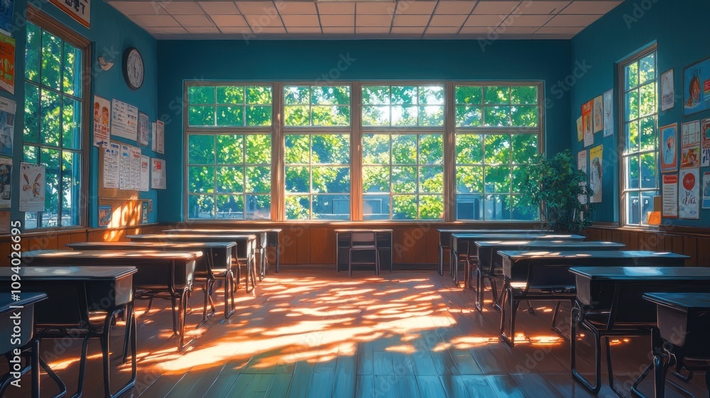 Poster empty classroom with sunlight streaming through windows