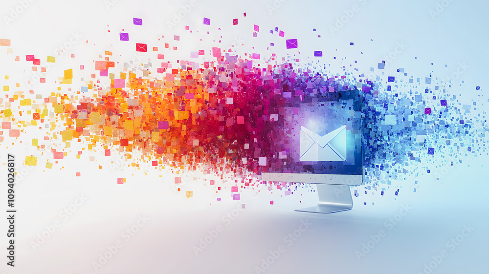 Poster a computer monitor displays a colorful explosion of email icon. concept of chaos and excitement, as 