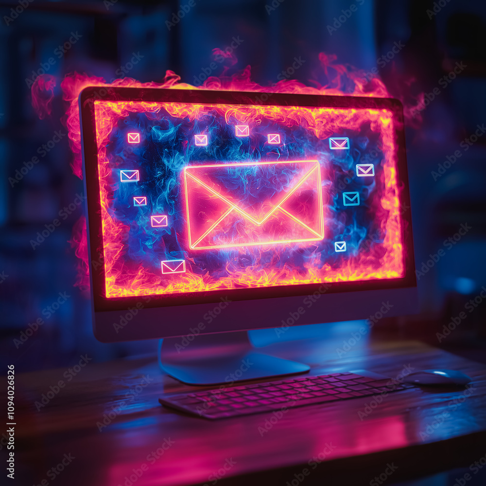 Poster a computer monitor is lit up with a fire symbol and a bunch of emails