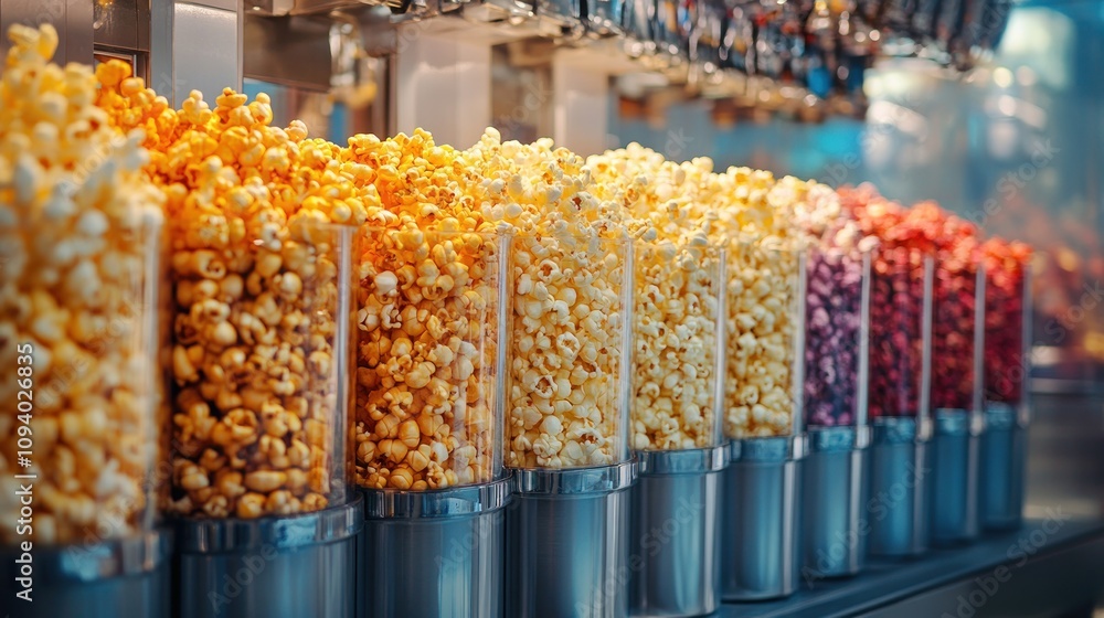 Poster a colorful display of popcorn varieties in containers at a snack counter.